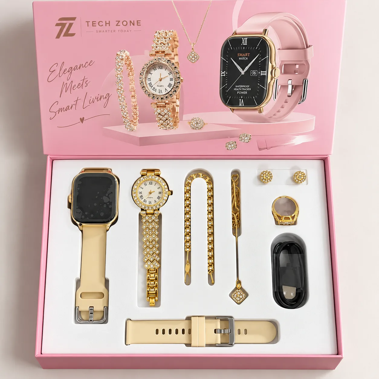 Womenβs Smartwatch & Jewelry Gift Set β Pink Edition