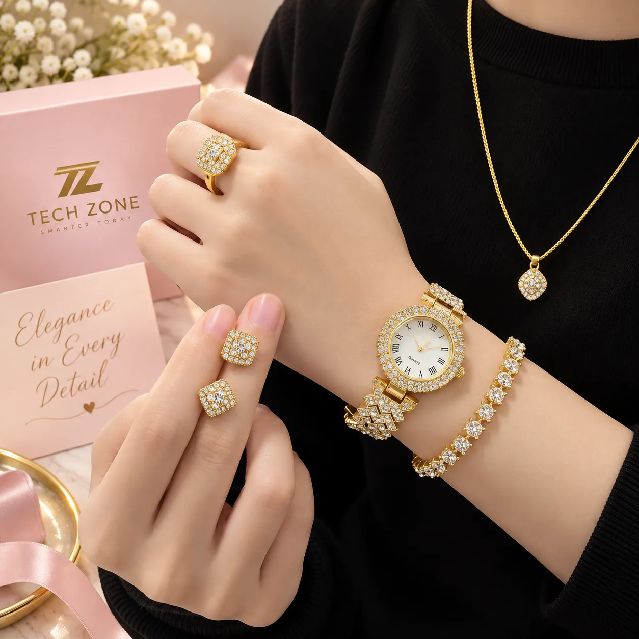 Women’s Smartwatch & Jewelry Gift Set – Pink Edition